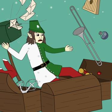 un dessin d'un lutin entouré de coffres a jouets