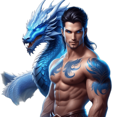 a male model with a blue dragon tattoo on his chest