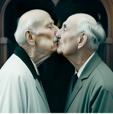 two men kissing in front of a black and white photo