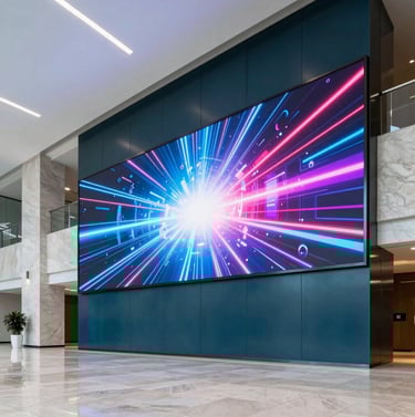 A wide-angle photograph of a sleek corporate lobby where a massive LED wall displays a vibrant, high-energy video sequence. The architecture is clean, using soft arctic mist stone and deep midnight teal metal details.