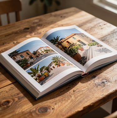 A high-quality photography portfolio book lying open on a rustic wooden table in a Southern European / Italian home. Warm afternoon sunlight illuminates the pages, showing vibrant lifestyle images.