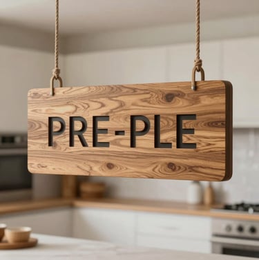 Lifestyle shot of a custom wood sign hanging in a well-lit, clean kitchen with warm earthy tones, emphasizing the professional and polished finish of the product.