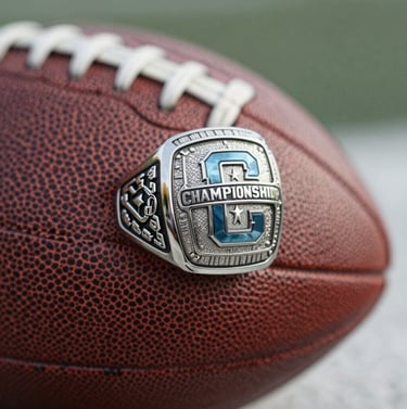 A close-up of a state championship ring resting on a football, soft lighting, focus on the intricate details of the award, brand colors #1C2B3A and #8FAEC0 reflected in the metal.