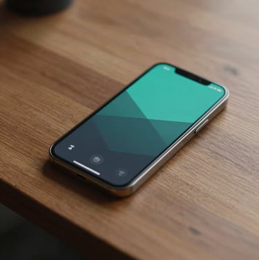 A photography shot of a smartphone lying on a wooden desk showing a custom-built mobile application interface with a modern teal and dark gray color palette. Global / Digital Professional setting.