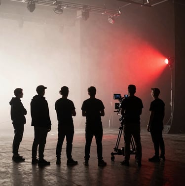 A wide behind-the-scenes shot of a professional film crew on a dark stage in Berlin. The environment is filled with soft off-white haze. A camera rig is visible in silhouette against a vibrant crimson red spotlight.