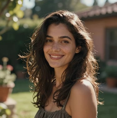 A soulful, cinematic portrait of a woman smiling naturally in a sun-kissed North American garden. Her hair is caught in a slight breeze. The colors are warm with charcoal and terracotta accents in her surroundings. The focus is intimate and deeply personal.
