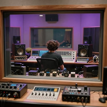 A professional recording studio session in North America. A musician is seen through the glass of the control room, surrounded by vintage gear and modern purple lighting, capturing an edgy, creative moment.