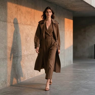A vertical cinematic shot of a high-end fashion model walking through a minimalist concrete hallway in Sydney, dramatic shadows, soft orange light hitting the wall, professional fashion photography.
