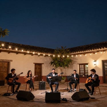 An artistic outdoor music performance setting in a Latin American / Spanish courtyard at dusk, strings of warm lights, dark navy evening sky, sophisticated and calm mood.