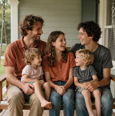 A candid shot of the whole family huddled together on a porch swing, laughing. The lighting is warm and natural, highlighting the authentic textures of their clothing in shades of Terracotta and Charcoal.