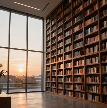 A wide-angle interior shot of a minimalist library with towering dark wood bookshelves in a modern International / Western academic building. Warm sunset apricot light streams through floor-to-ceiling windows.