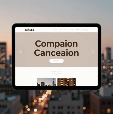 Cinematic shot of a city skyline at dawn, blurred lights in the background, sharp focus on a digital screen displaying campaign copy. Mood is sophisticated and creative. Palette features #3A3F3B and #C1C4BF.