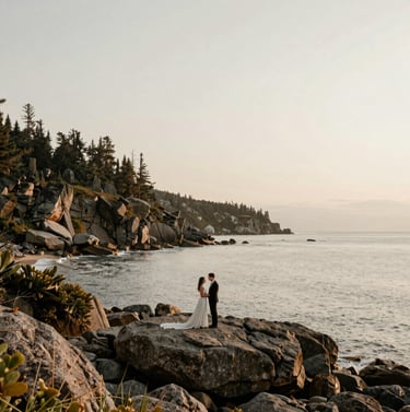 A sweeping travel-style landscape photo of a North American / US coastline where the clients held an anniversary event. The sky is a soft Off-white and Stone palette, showing the couple’s appreciation for the natural world and artistic composition.