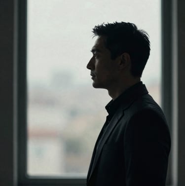 A sophisticated profile shot of a filmmaker silhouette against a softly lit window, cinematic grain, elegant and professional mood, #0A0A0A tones.