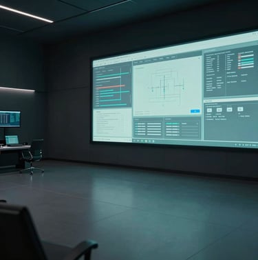A wide-angle professional photo of an empty, high-tech command center with dark charcoal walls and several large screens displaying clean, modern data visualizations in muted teal.