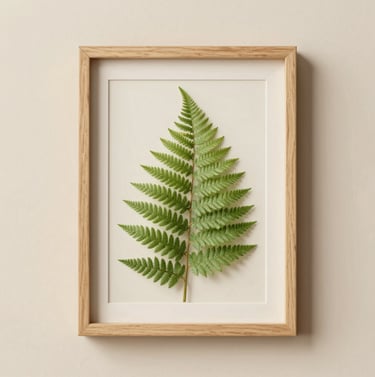 A top-down view of a finished illustration of a delicate fern, framed in a simple light wood frame, leaning against a warm cream wall. The lighting is soft and natural.