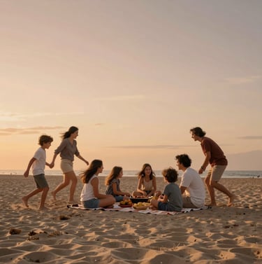 A wide cinematic shot of a family picnic on a beach at sunset. The sand is a warm beige, and the sky is a soft terracotta. The family is captured in a blurred motion of joy, creating a storytelling feel.