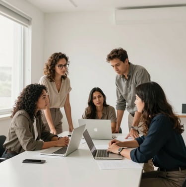 A group of South American / Brazilian professionals collaborating in a bright, minimalist shared workspace, soft natural lighting, high-quality photography, muted taupe and off-white color palette.