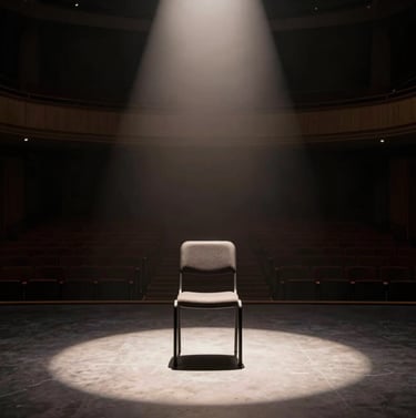 A wide photography shot of a single empty chair on a stage, illuminated by a soft off-white spotlight. The surrounding auditorium is lost in deep dark charcoal shadows, creating an immersive, artistic mood.
