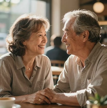 Cinematic portrait of an older couple smiling warmly at each other in a sun-drenched cafe. Authentic interaction, soft warm natural light reflecting a lifetime of love.