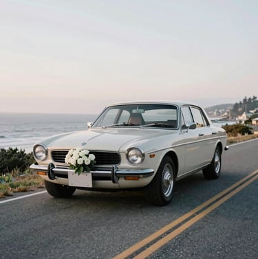 A luxury photography shot of a vintage getaway car parked on a quiet North American coastal road. The image is clean and minimalist, featuring a simple white floral arrangement on the bumper and soft, professional lighting.