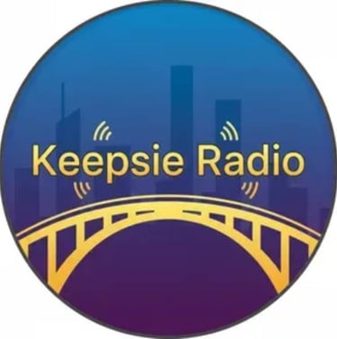 Keepsie Radio logo featuring a yellow bridge icon over a blue city skyline background.