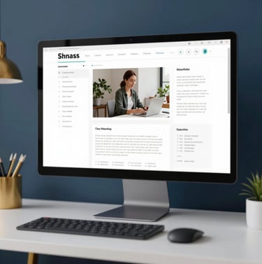 A professional designer's workspace with a large monitor displaying complex design wireframes. The room has soft lighting and a modern aesthetic, featuring navy blue walls and gold desk accessories.
