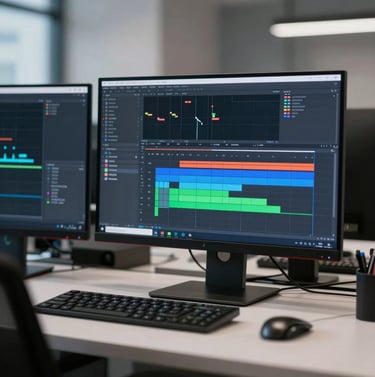 A professional animator's workspace with high-end monitors showing motion curves and timelines. Clean, modern, high-tech atmosphere with #0d1026 mood.