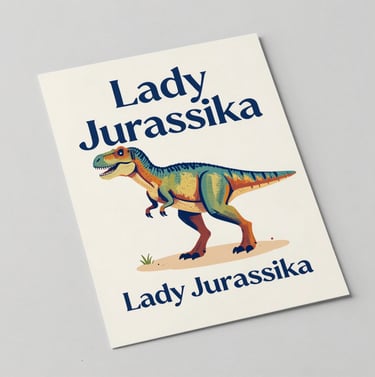 A stylish flat-lay of an art exhibition flyer for Lady Jurassika. The flyer features a colorful Velociraptor illustration in #D87D51 and #1F3A4B colors, set against a clean #F9F5EF background.