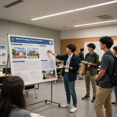 A wide shot of an aspiring student presenting a large project poster to a small group of engaged people in a North American / US academic hall. The lighting is crisp and modern.