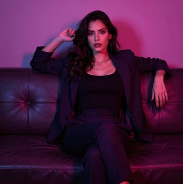 A high-end cinematic shot of an adult model, posing elegantly on a luxury leather couch, bathed in deep magenta and purple neon light. Seductive atmosphere, modern dark-mode aesthetic, global appeal, Latin American / Global.