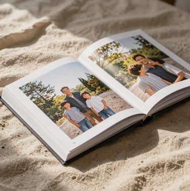 A lifestyle photograph of a printed photo album laying on a soft sand colored linen cloth. The pages show the family photos. Natural, warm morning light in a Western / Global home interior.