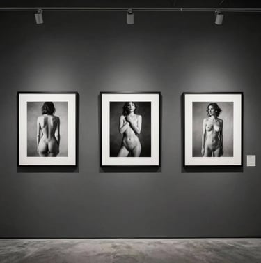 Interior shot of a modern Buffalo, NY art studio gallery. Three framed black and white art nude photographs are displayed on a charcoal grey wall with minimalist spotlighting.
