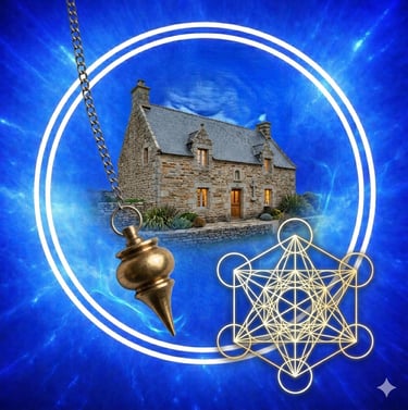 un pendule, une maison bretonne et le cube de Métatron dans double cercle blanc 