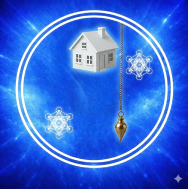 une maison blanche, un pendule en laiton, deux symboles du cube de Métatron dans un double cercle bl
