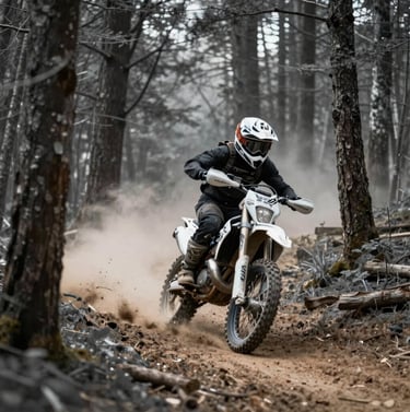 A dynamic action shot of a motorcycle speeding through a Global / Western forest trail. Dust is kicked up into the air, caught in rays of soft off-white light filtering through deep slate grey trees. High-speed photography style.