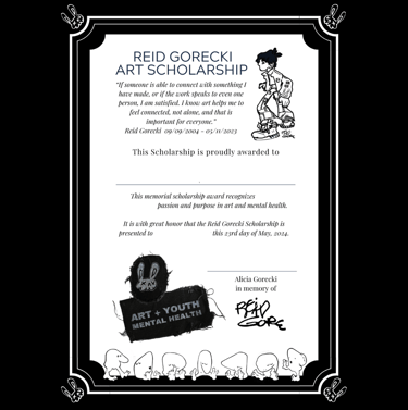 Reid Gorecki Scholarship certificatr