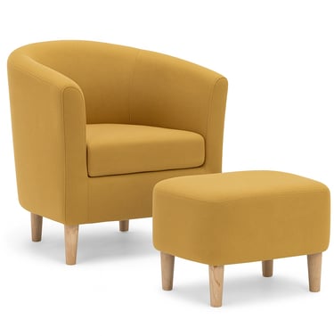 a mustard yellow chair and ottoman in a room