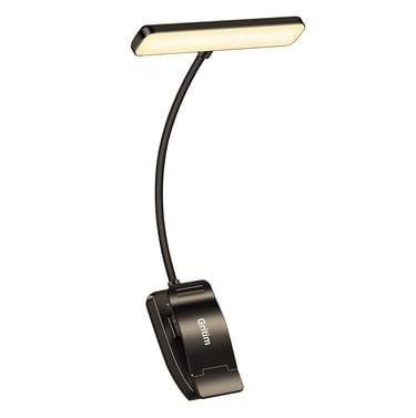 Black clip-on LED book light with flexible neck and warm glow.