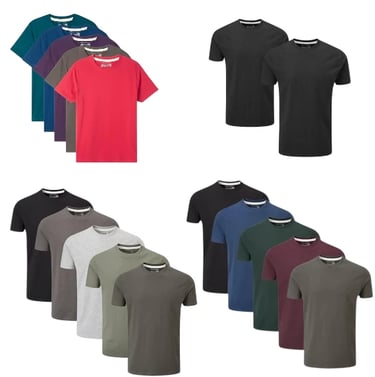 Multiple sets of mens cotton crew neck t-shirts in various colors including black, grey, red, and blue.