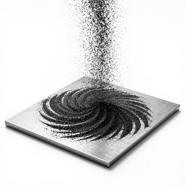 A minimalist, abstract black and white photograph of sand vibrating on a metal plate, creating a complex Chladni pattern. Clean white background, sharp black grains. Artistic and scientific aesthetic in a North American studio.