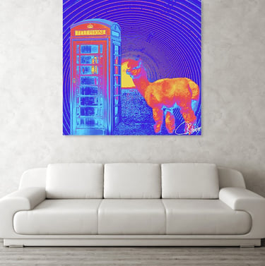 Poster on a wall with digital art featuring a Lama at a vintage Phone box in a tunnel