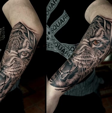 Realism tattoo of lion with detailed fur texture