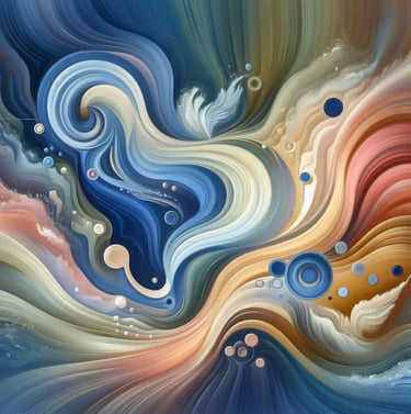 Flowing abstract forms symbolizing interconnected soft skills, balance, adaptability, creativity, an