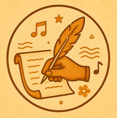 Vintage-style illustration of a hand writing on parchment with a quill pen surrounded by music notes.