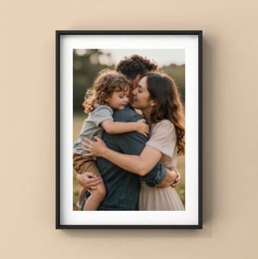 A high-quality lifestyle photograph showing a framed portrait of a family from the shoot hanging on a warm, sand-colored wall #FDF8F0. The image inside the frame captures a spontaneous, heartfelt hug. Cinematic and authentic.