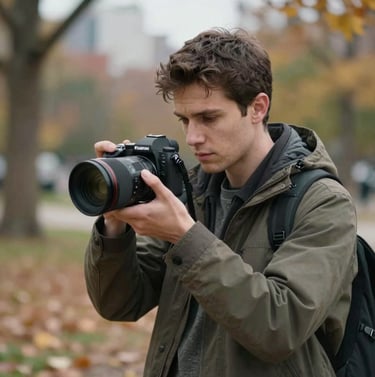 A professional photographer in North American outdoor attire holding a mirrorless camera, looking focused while adjusting settings. The background is a blurred soft-focus urban park in autumn.