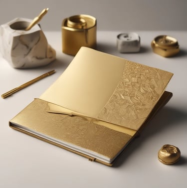 A blue notebook with rounded corners is wrapped in a white paper band. The band contains text in Spanish describing the product as a package of five sewn notebooks with 100 pages each, made with 90g bond paper, manufactured in Mexico. The design includes a minimalist, geometric logo.