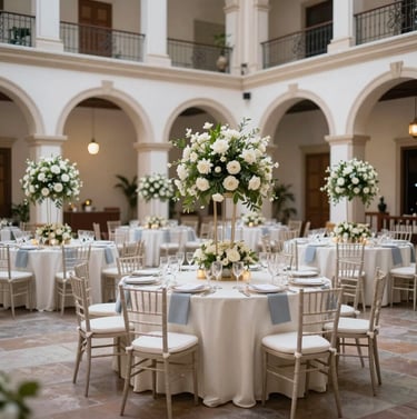 A wide-angle professional photograph of the Salón de Eventos Juan Pablo in Palmira, Valle. Elegant decorations in soft off-white and slate blue-grey, ready for a grand social event in a South American / Colombian context.