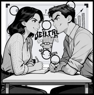 a man and woman sitting at a table with a clock